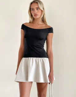 Motel Rocks Tailoring | Party Dresses-Yael Mini Dress in Lycra Linen Black and Ecru