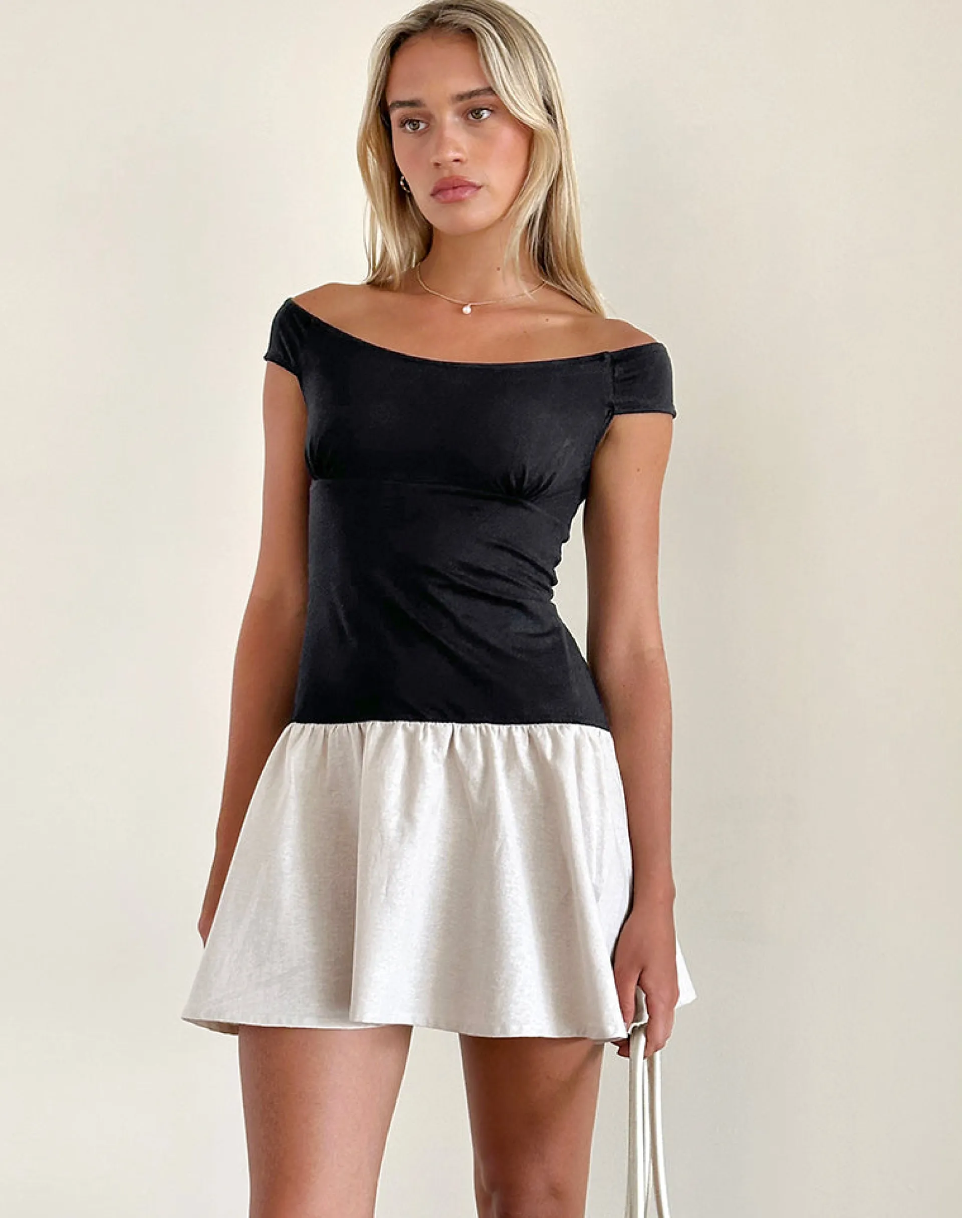 Motel Rocks Tailoring | Party Dresses-Yael Mini Dress in Lycra Linen Black and Ecru