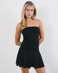 Motel Rocks Bandeau Dresses | Little Black Dresses-Yasmin Bandeau Mini Dress in Slinky Black SlinkyBlack
