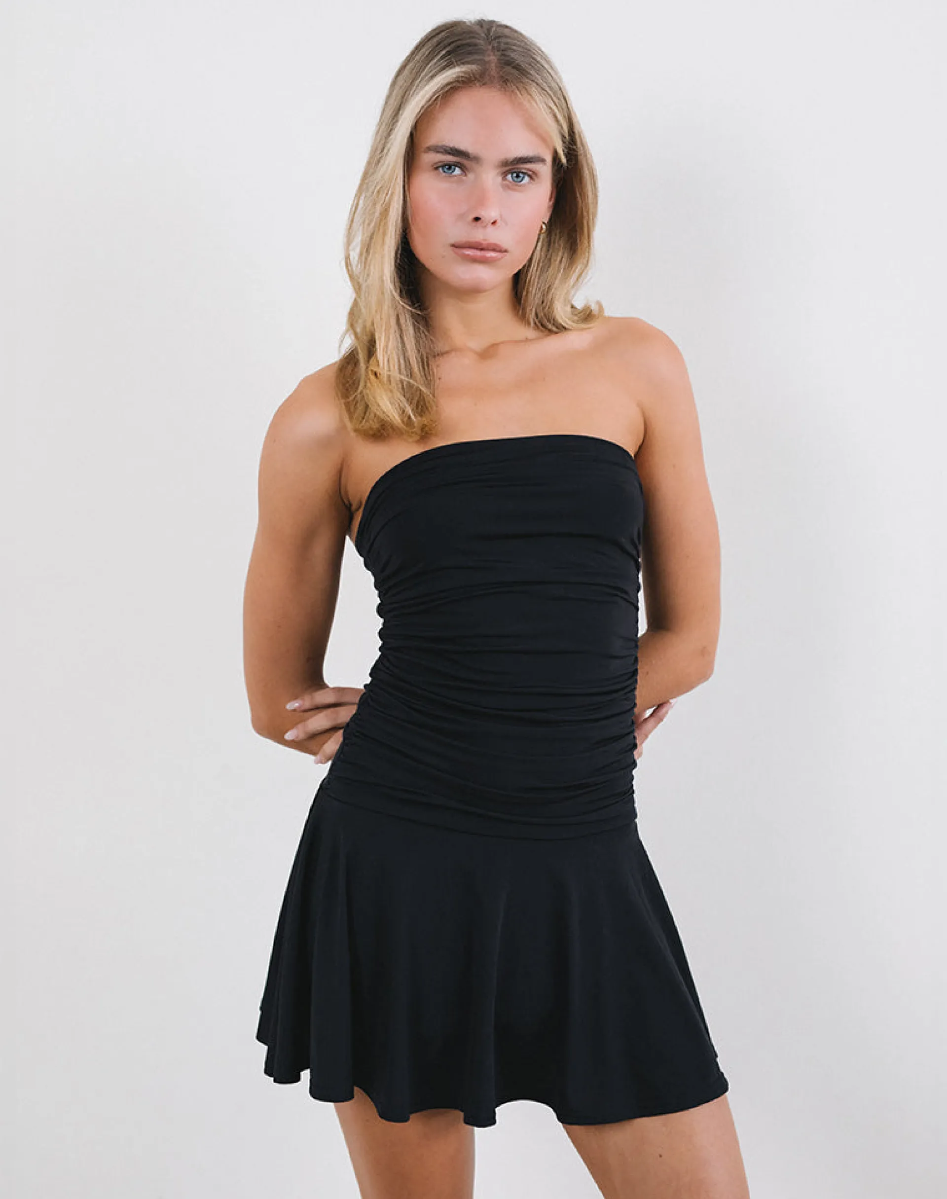 Motel Rocks Bandeau Dresses | Little Black Dresses-Yasmin Bandeau Mini Dress in Slinky Black SlinkyBlack