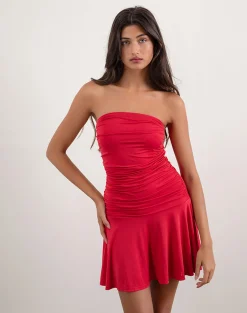 Motel Rocks Party Dresses | Mini Dresses-Yasmin Bandeau Mini Dress in Slinky Red SlinkyRed