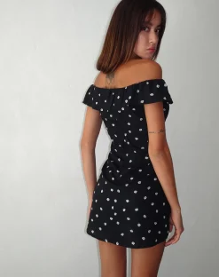 Motel Rocks Printed Dresses | Mini Dresses-Yudia Bardot Mini Dress in Ditsy Rose Black