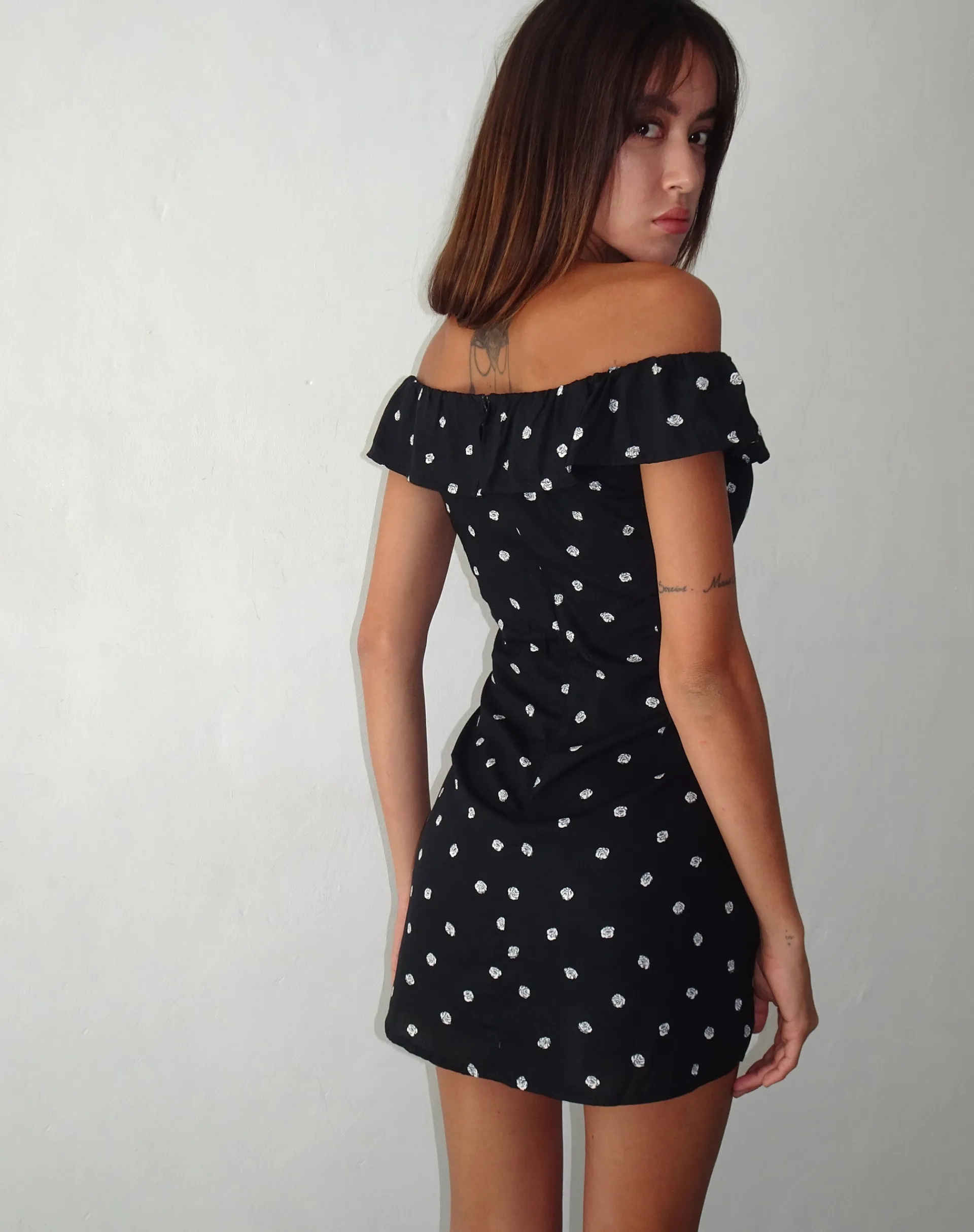 Motel Rocks Printed Dresses | Mini Dresses-Yudia Bardot Mini Dress in Ditsy Rose Black