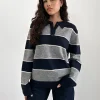 Motel Rocks Loungewear | Jumpers-Yusnada Oversized Rugby Jumper in Navy and Grey Stripe