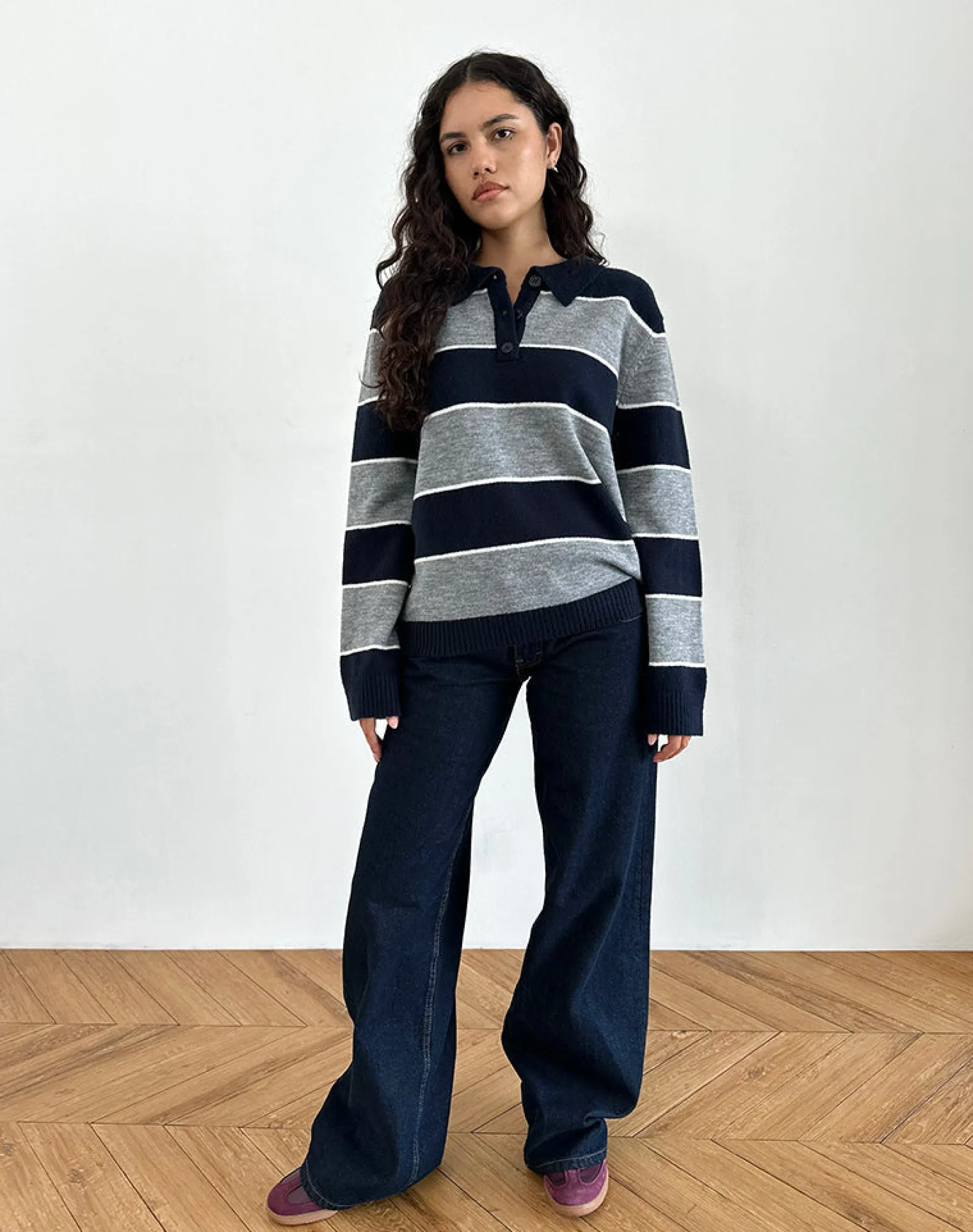 Motel Rocks Loungewear | Jumpers-Yusnada Oversized Rugby Jumper in Navy and Grey Stripe