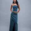 Motel Rocks A Line Skirts-Zaenap Frayed Denim Maxi Skirt in Brown Blue Acid