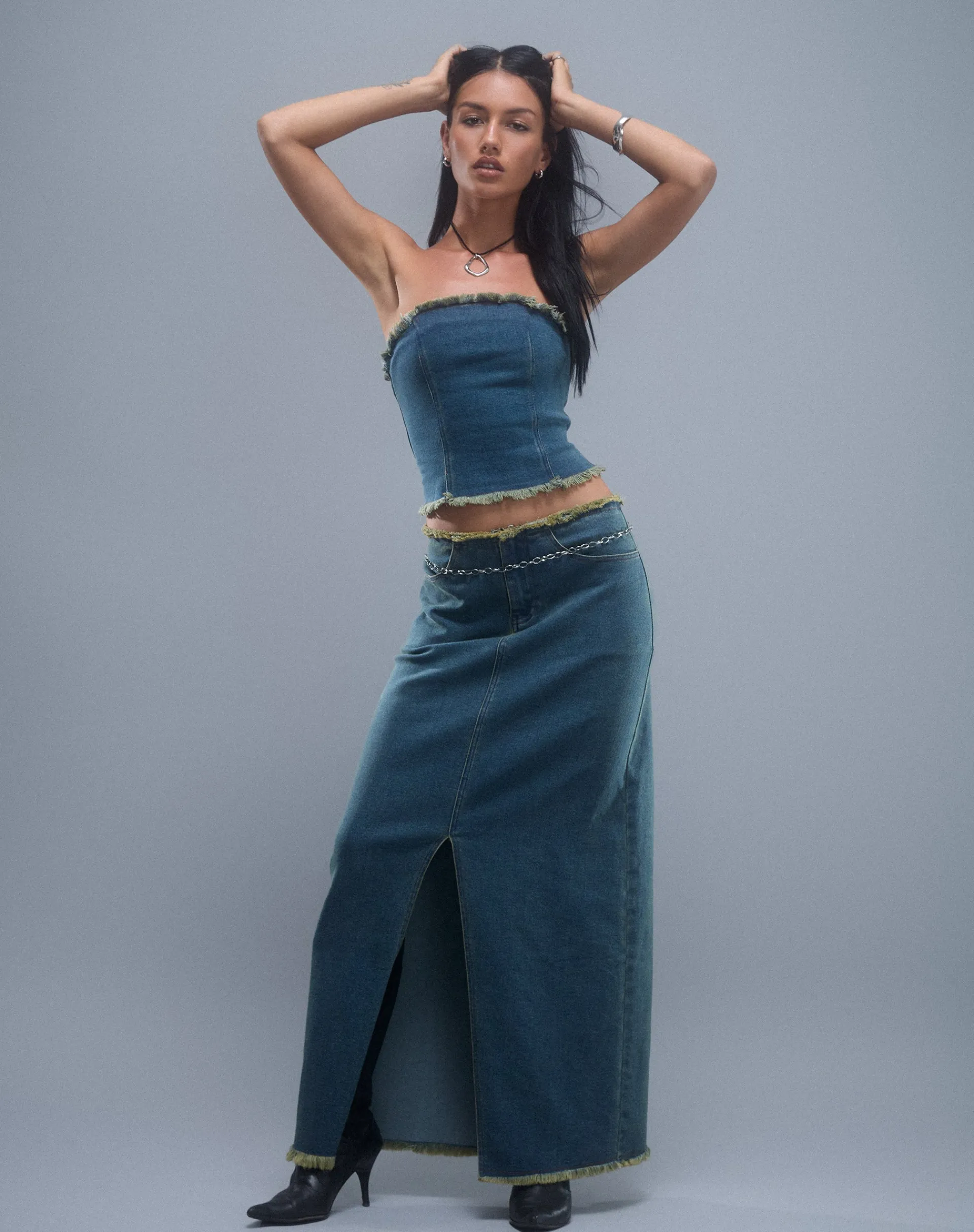 Motel Rocks A Line Skirts-Zaenap Frayed Denim Maxi Skirt in Brown Blue Acid