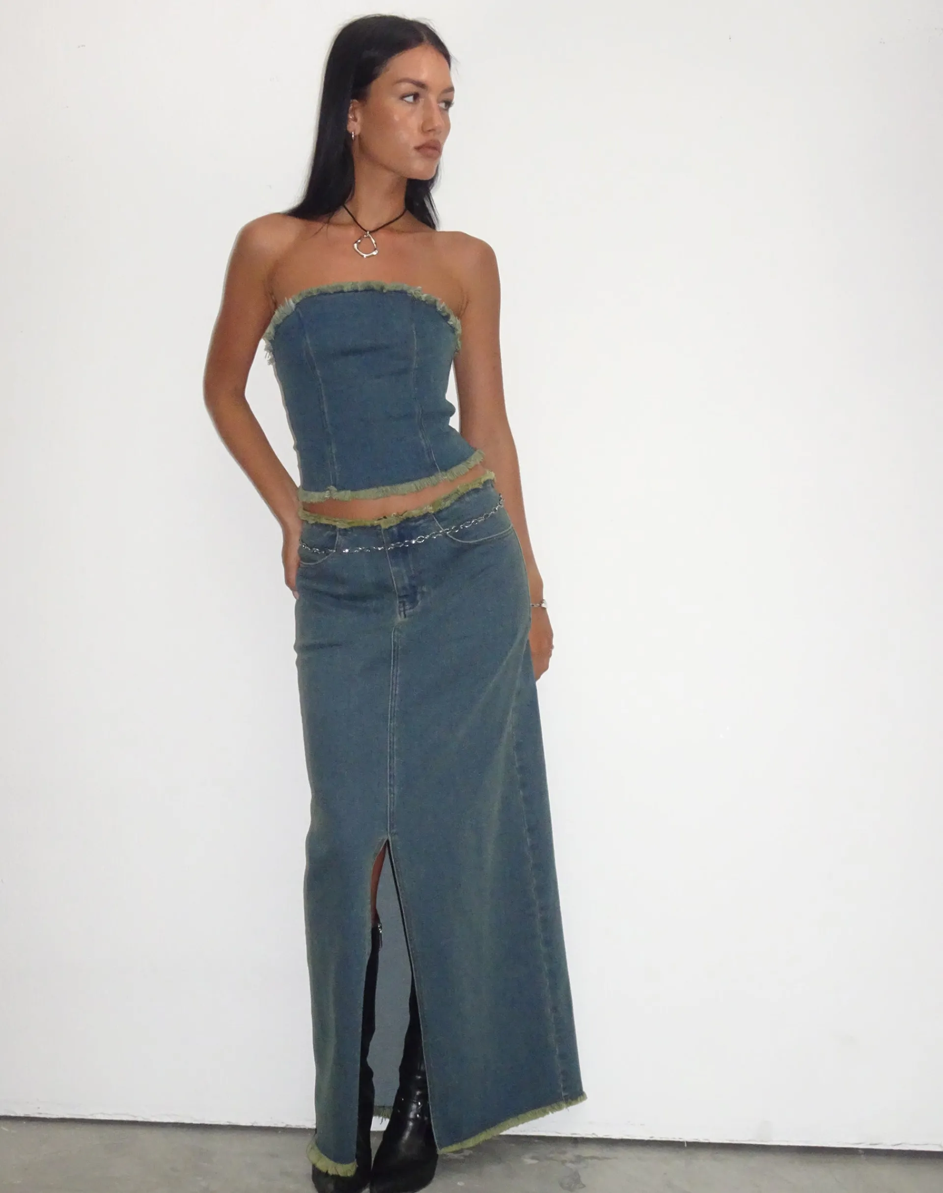 Motel Rocks A Line Skirts-Zaenap Frayed Denim Maxi Skirt in Brown Blue Acid