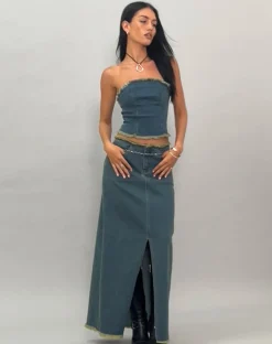 Motel Rocks A Line Skirts-Zaenap Frayed Denim Maxi Skirt in Brown Blue Acid