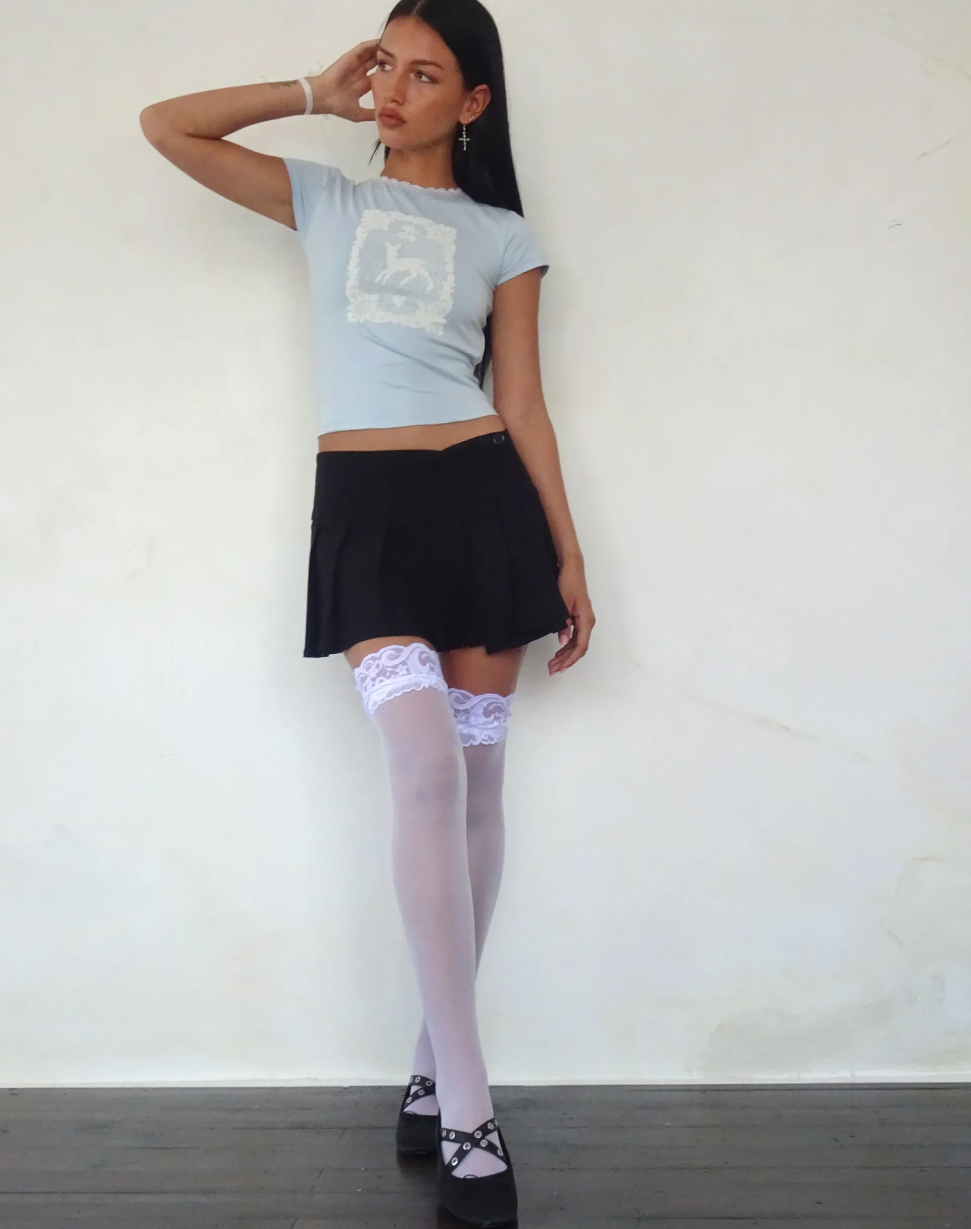 Motel Rocks Printed Tops | Tees-Zagy Short Sleeve Tee in Powder Blue with Deer Motif powderbluewithdeer