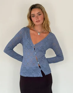 Motel Rocks Printed Tops | Long Sleeve Tops-Zatin Asymmetrical Cardigan in Moonlight Blue Lace