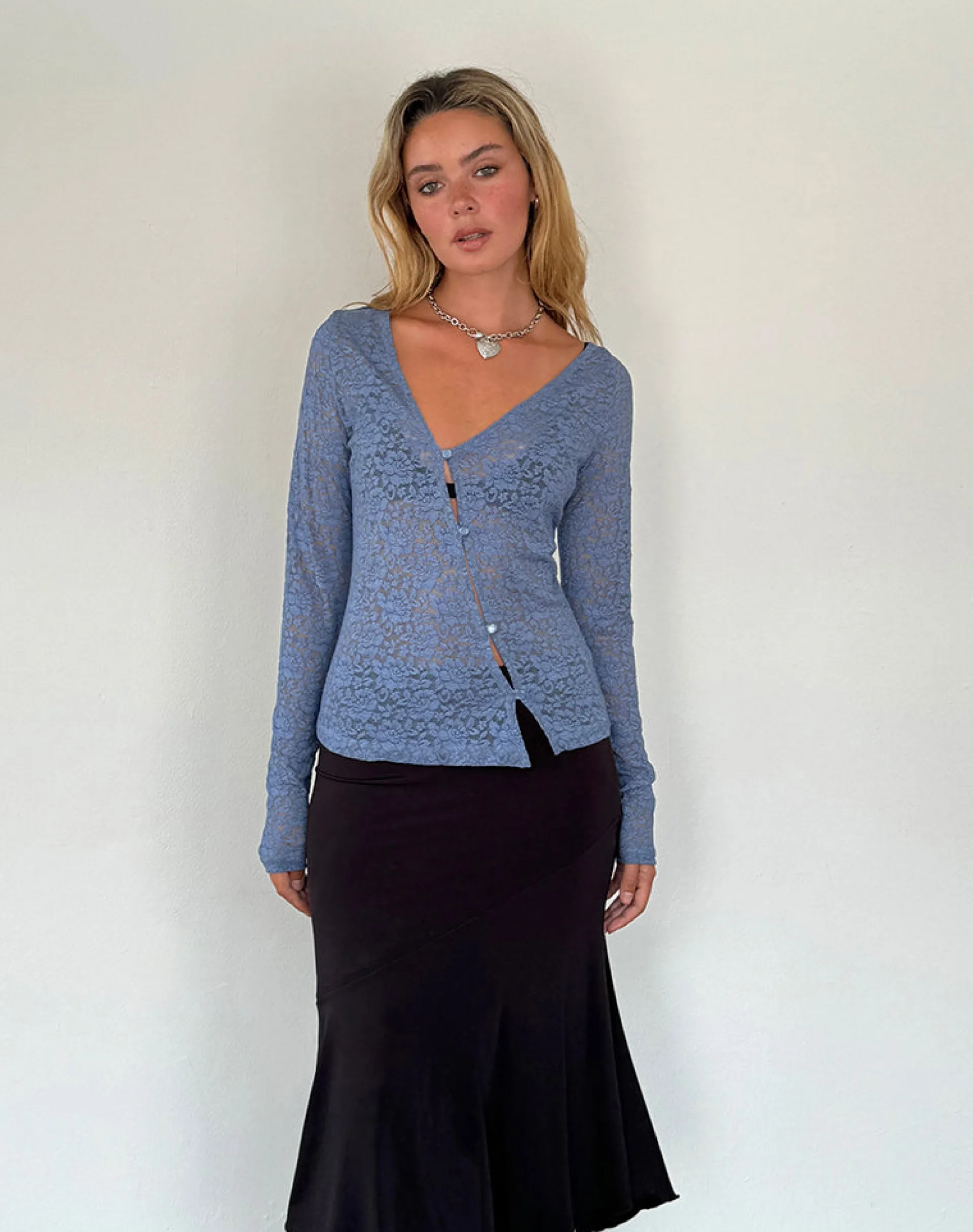 Motel Rocks Printed Tops | Long Sleeve Tops-Zatin Asymmetrical Cardigan in Moonlight Blue Lace