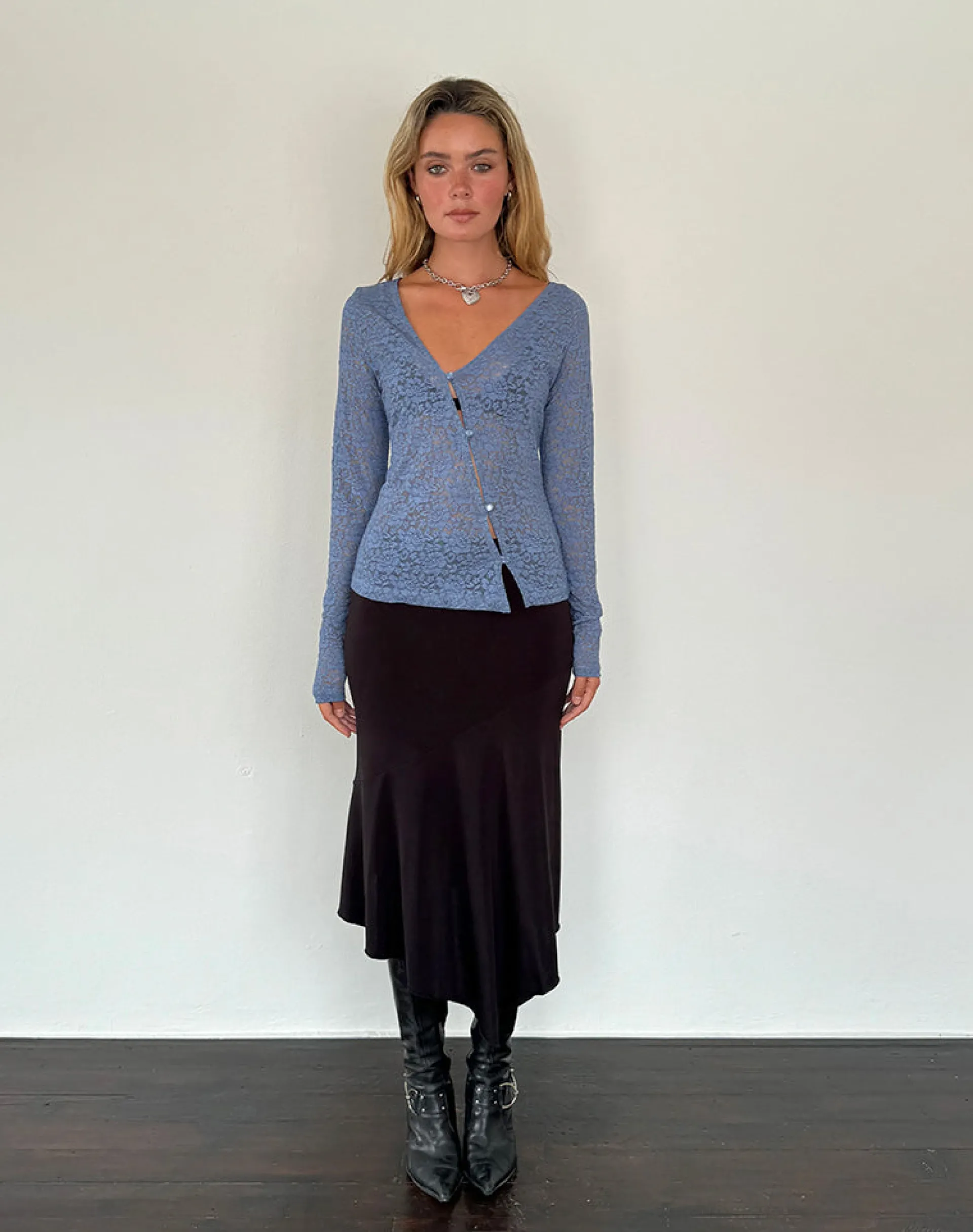 Motel Rocks Printed Tops | Long Sleeve Tops-Zatin Asymmetrical Cardigan in Moonlight Blue Lace