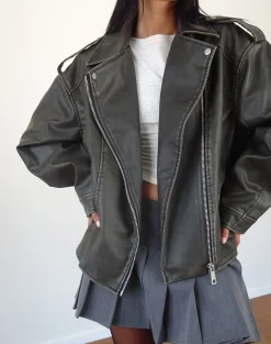 Motel Rocks Pu Jackets | Jackets-Zebbie Distressed Biker Jacket in Olive