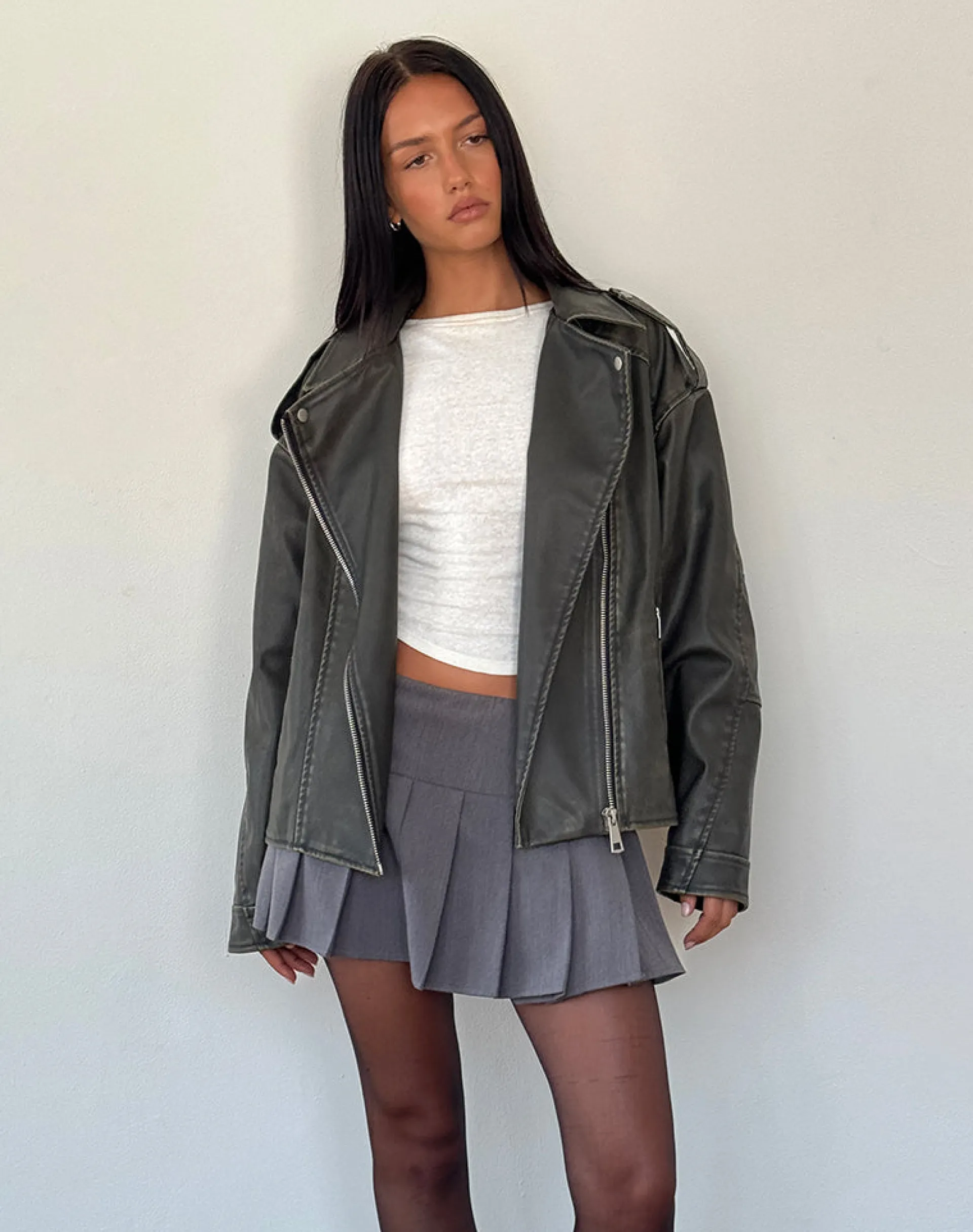 Motel Rocks Pu Jackets | Jackets-Zebbie Distressed Biker Jacket in Olive