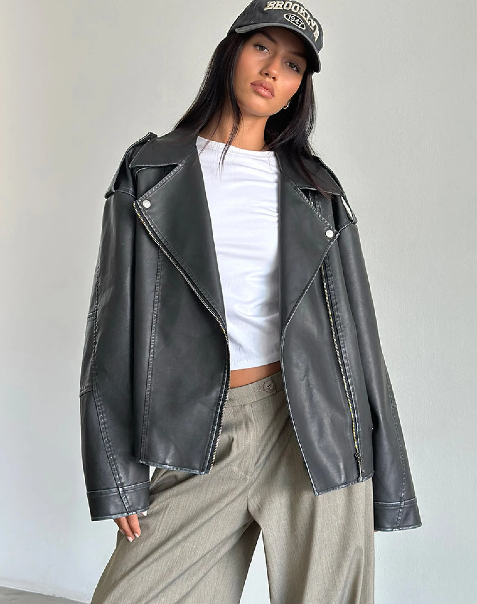 Motel Rocks Pu Jackets | Jackets-Zebbie Distressed PU Biker Jacket in Black