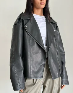 Motel Rocks Pu Jackets | Jackets-Zebbie Distressed PU Biker Jacket in Black