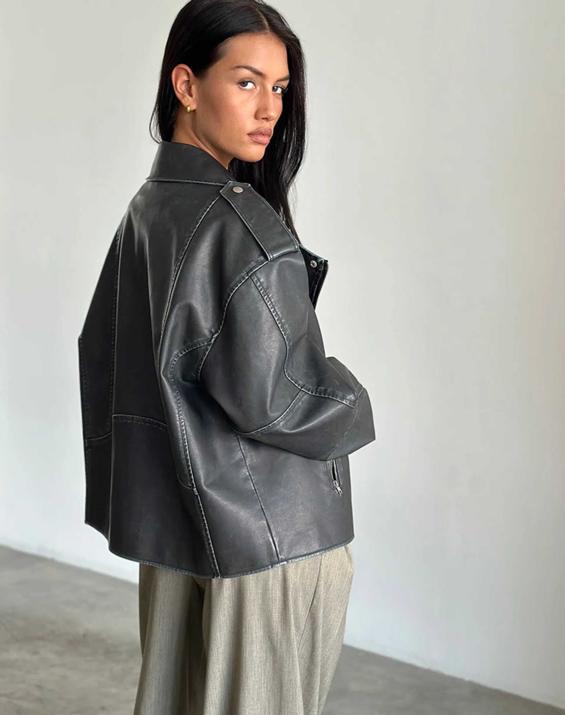 Motel Rocks Pu Jackets | Jackets-Zebbie Distressed PU Biker Jacket in Black