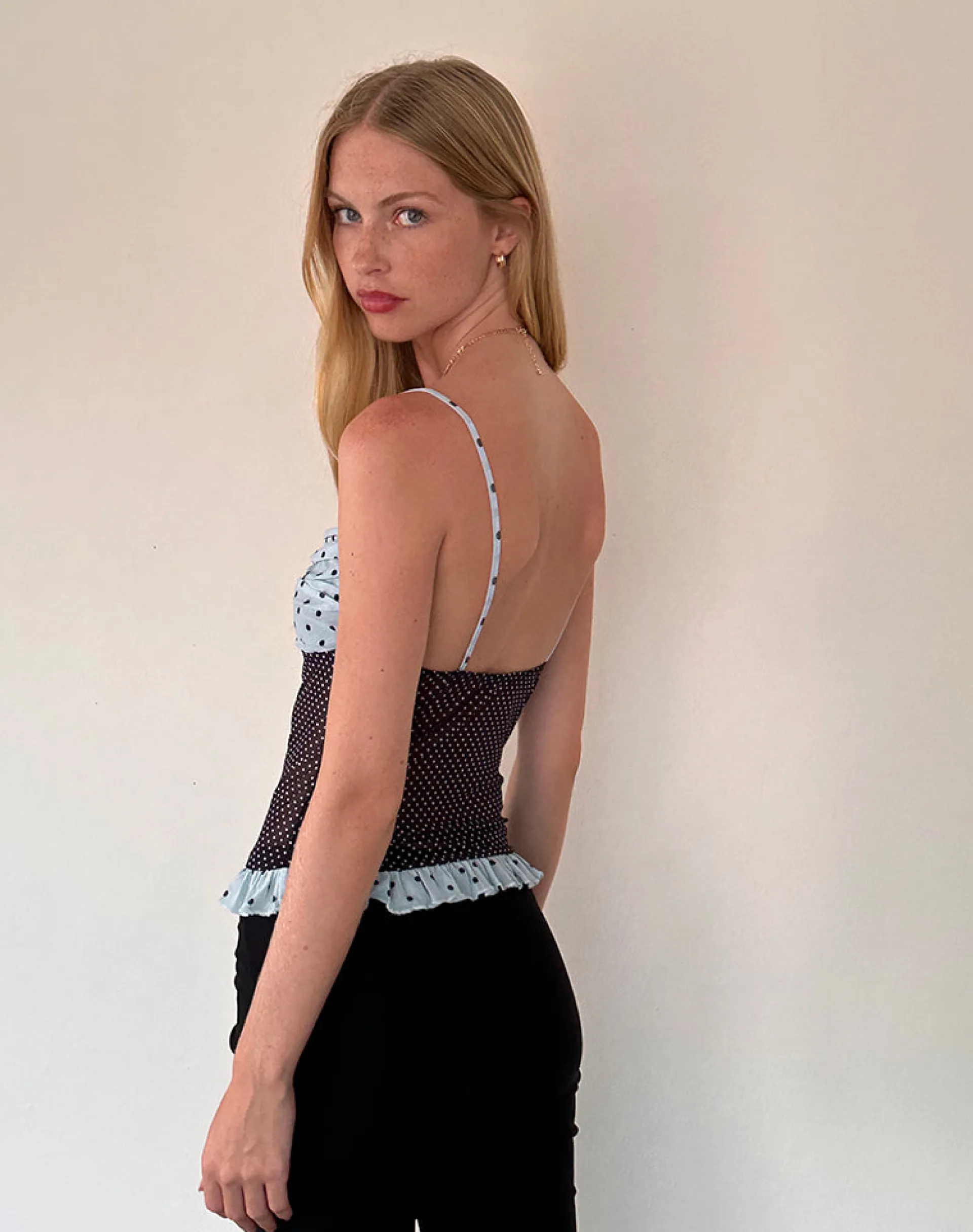 Motel Rocks Printed Tops | Strappy Tops-Zeina Cami Top in Blue Black Basic Polka BlueBlackBasicPolka