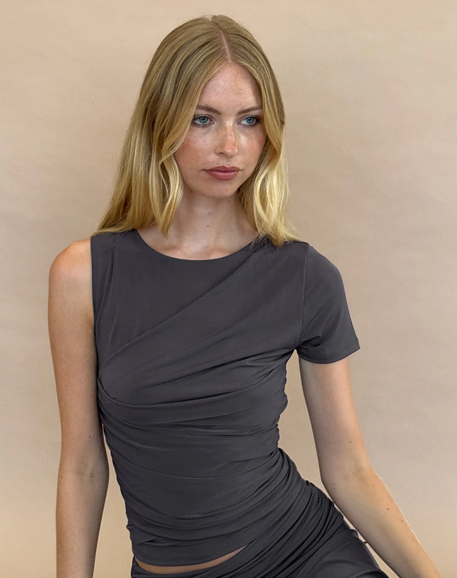 Motel Rocks Co-Ords | Going Out Tops-Zera Asymmetric Ruched Top in Grey