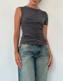 Motel Rocks Co-Ords | Going Out Tops-Zera Asymmetric Ruched Top in Grey