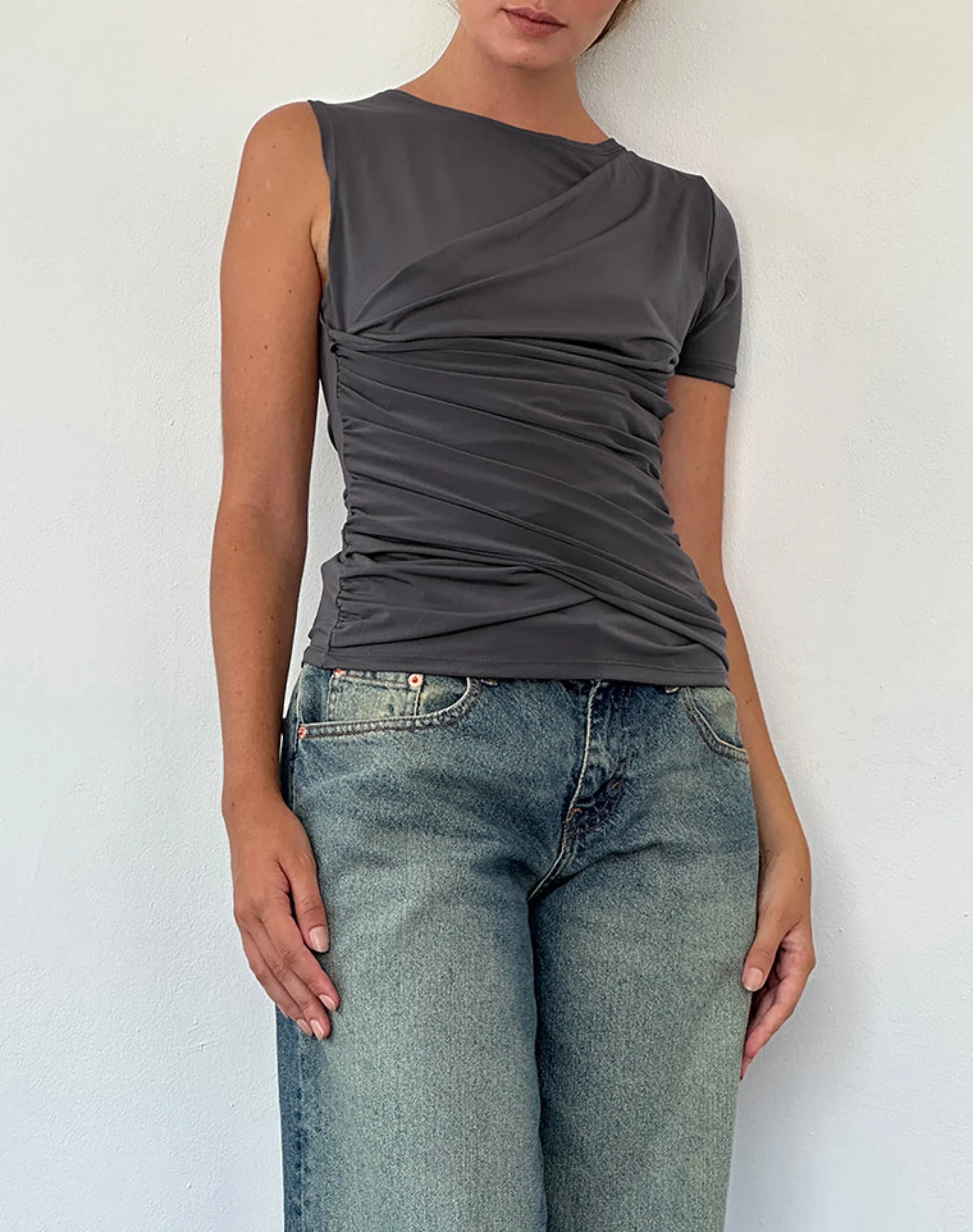 Motel Rocks Co-Ords | Going Out Tops-Zera Asymmetric Ruched Top in Grey