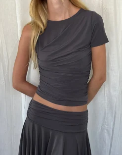 Motel Rocks Co-Ords | Going Out Tops-Zera Asymmetric Ruched Top in Grey