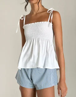 Motel Rocks Strappy Tops | Going Out Tops-Zerah Shirred Cami Top in Poplin White