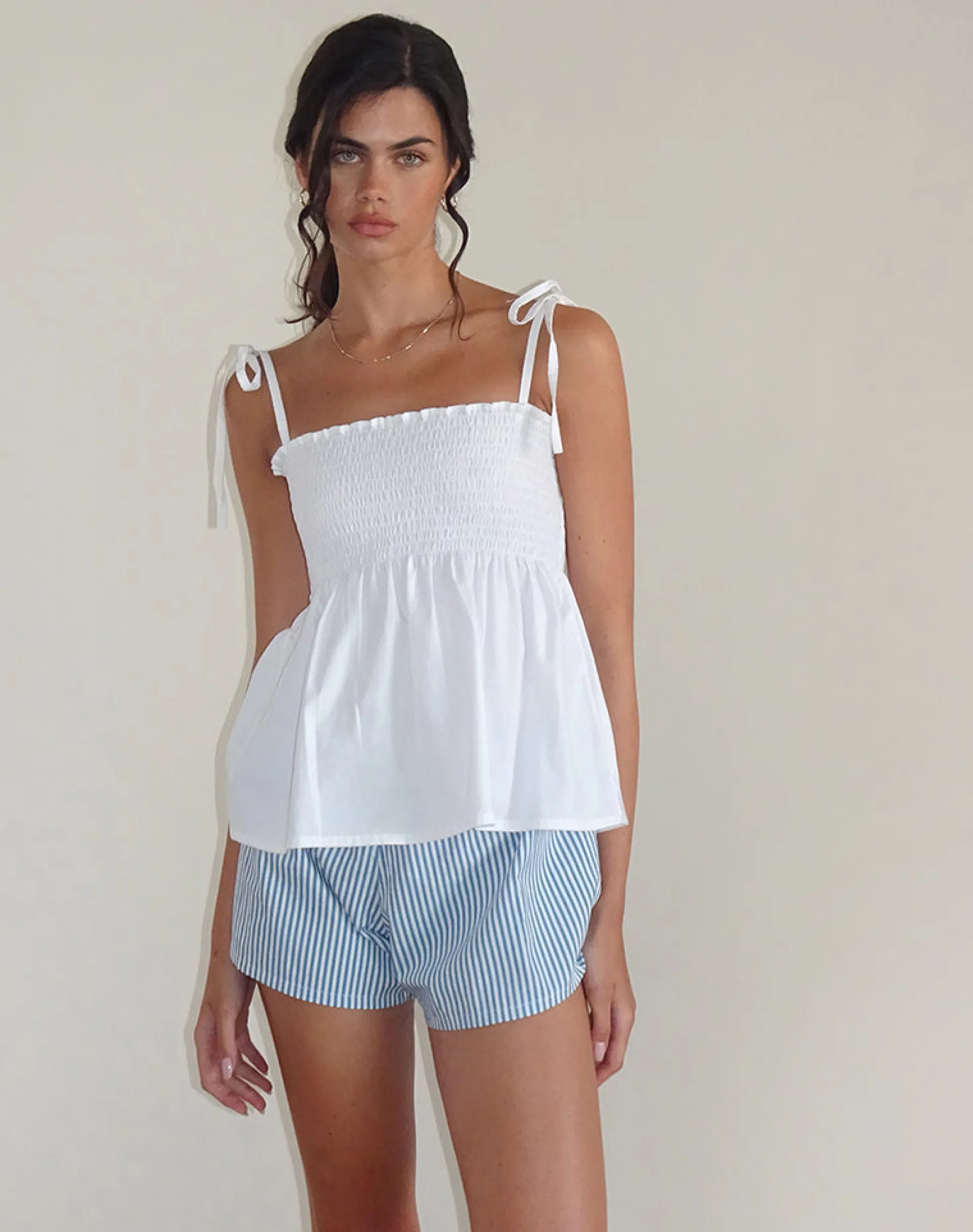 Motel Rocks Strappy Tops | Going Out Tops-Zerah Shirred Cami Top in Poplin White