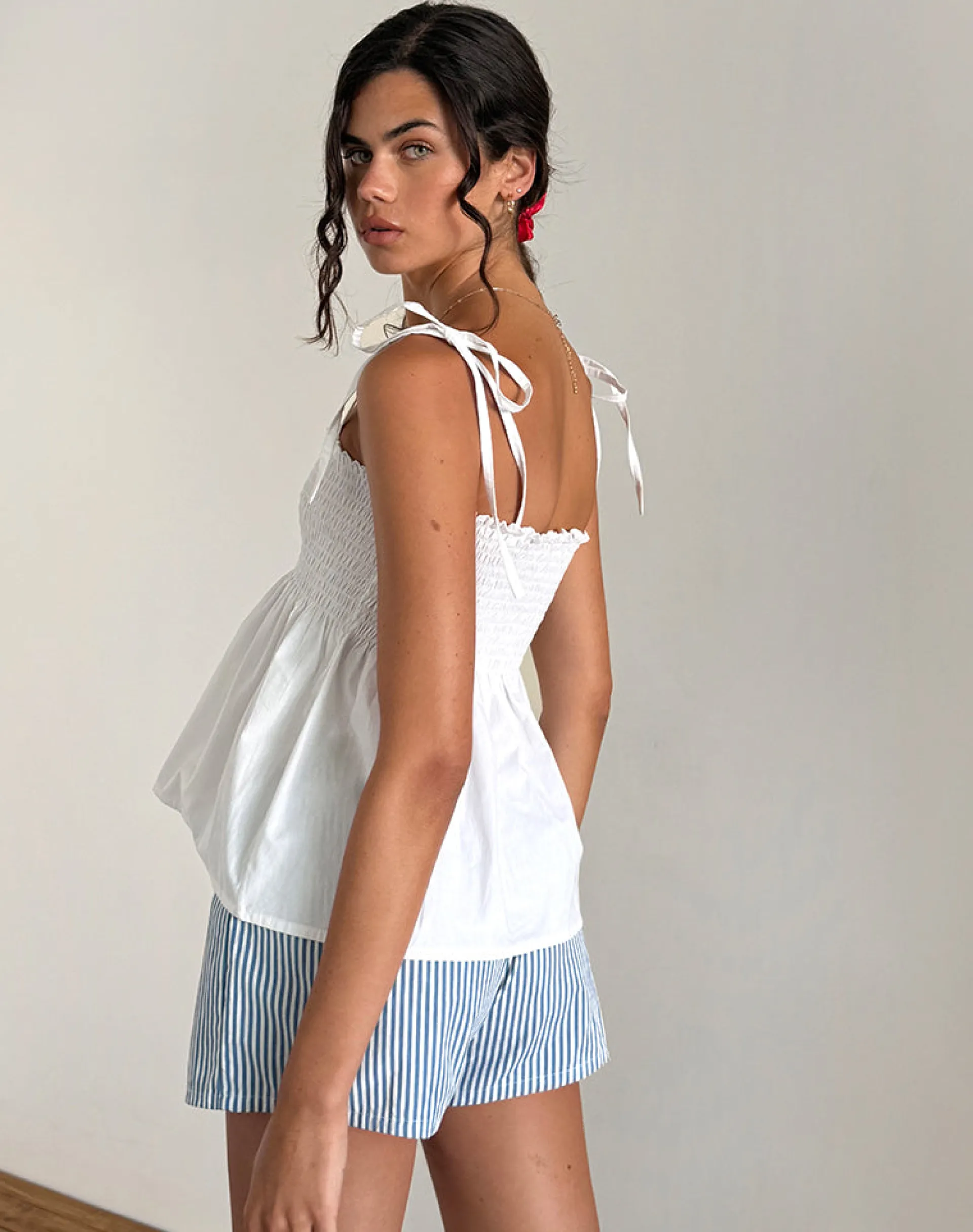 Motel Rocks Strappy Tops | Going Out Tops-Zerah Shirred Cami Top in Poplin White