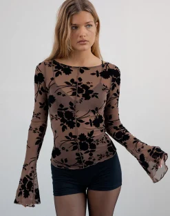 Motel Rocks Long Sleeve Tops-Zerlin Top in Floral Flock Brown FloralFlockBrown