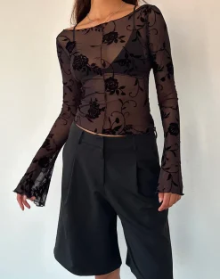 Motel Rocks Long Sleeve Tops | Going Out Tops-Zerlin Unlined Long Sleeve Top in Rose Flock Black RoseFlockBlack