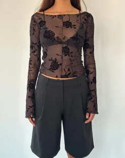 Motel Rocks Long Sleeve Tops | Going Out Tops-Zerlin Unlined Long Sleeve Top in Rose Flock Black RoseFlockBlack