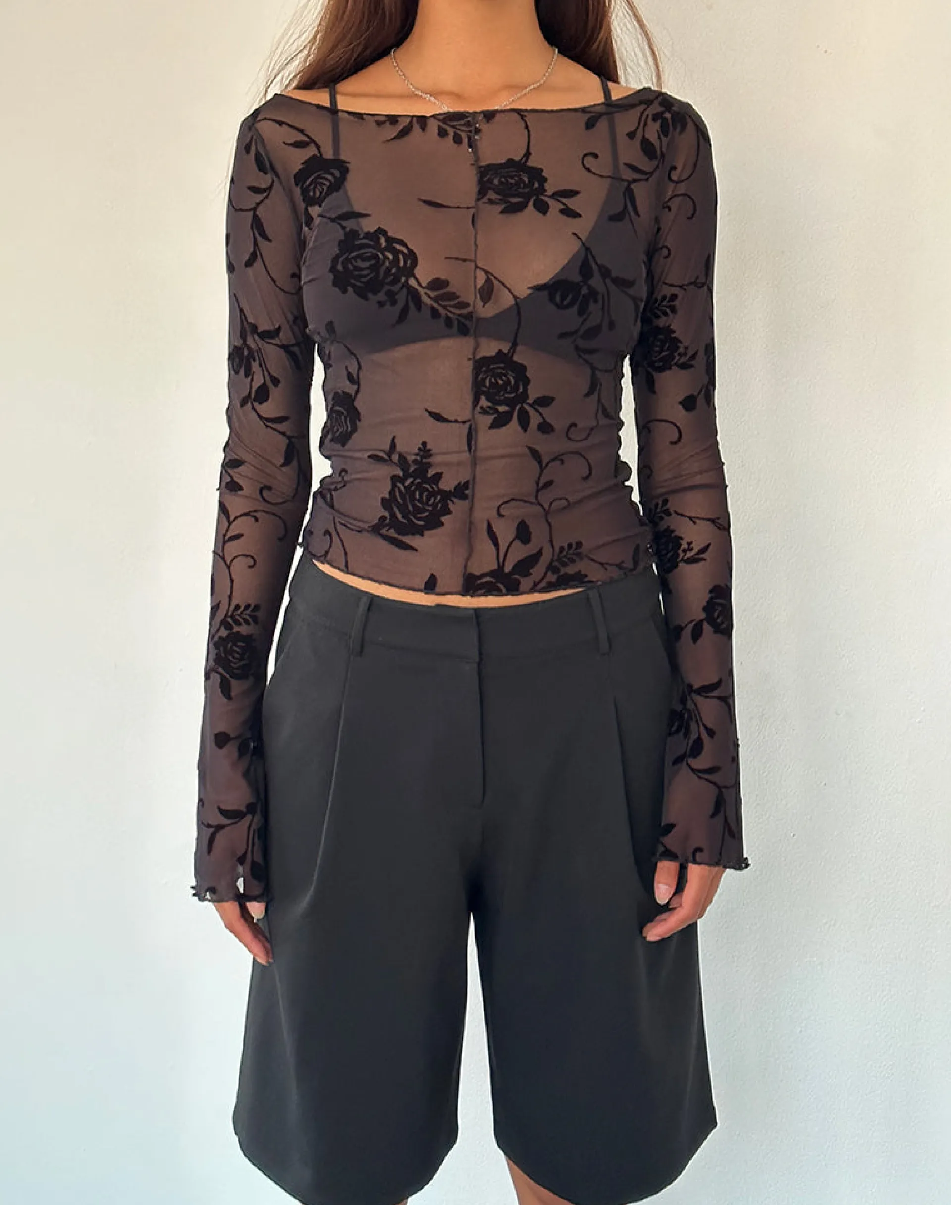 Motel Rocks Long Sleeve Tops | Going Out Tops-Zerlin Unlined Long Sleeve Top in Rose Flock Black RoseFlockBlack