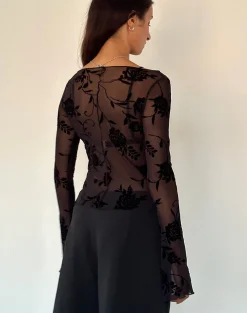 Motel Rocks Long Sleeve Tops | Going Out Tops-Zerlin Unlined Long Sleeve Top in Rose Flock Black RoseFlockBlack