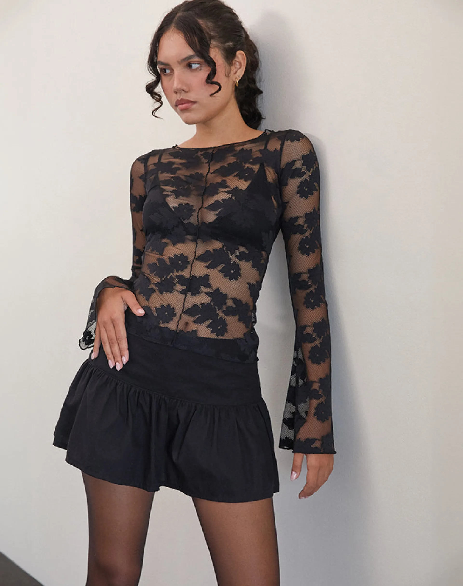 Motel Rocks Long Sleeve Tops | Lace Tops-Zerlin Unlined Long Sleeve Top in Lace Black LaceBlack