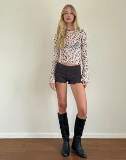 Motel Rocks Printed Tops | Going Out Tops-Zerlin Unlined Top in Brown Stem Flower Flock BrownStemFlowerFlock