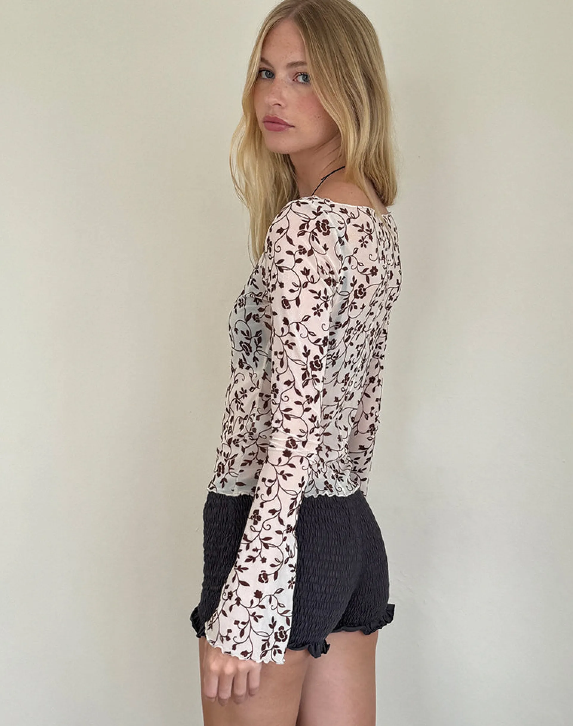 Motel Rocks Printed Tops | Going Out Tops-Zerlin Unlined Top in Brown Stem Flower Flock BrownStemFlowerFlock