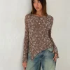 Motel Rocks Basic Tops | Printed Tops-Zest Mesh Long Sleeve Top in Botanist Flock Dark Taupe botanistflockdarktaupe