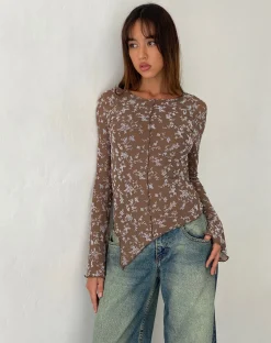 Motel Rocks Basic Tops | Printed Tops-Zest Mesh Long Sleeve Top in Botanist Flock Dark Taupe botanistflockdarktaupe