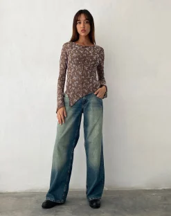 Motel Rocks Basic Tops | Printed Tops-Zest Mesh Long Sleeve Top in Botanist Flock Dark Taupe botanistflockdarktaupe