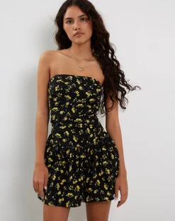 Motel Rocks Bandeau Dresses | Day Dresses-Zhao Bandeau Mini Dress in Buttercup Black and Yellow