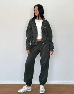 Motel Rocks Hoodies & Sweatshirts | Co-Ords-Zip Through Hoodie in Beluga with Light Grey M Embroidery BelugawithLightGreyMEmbroidery