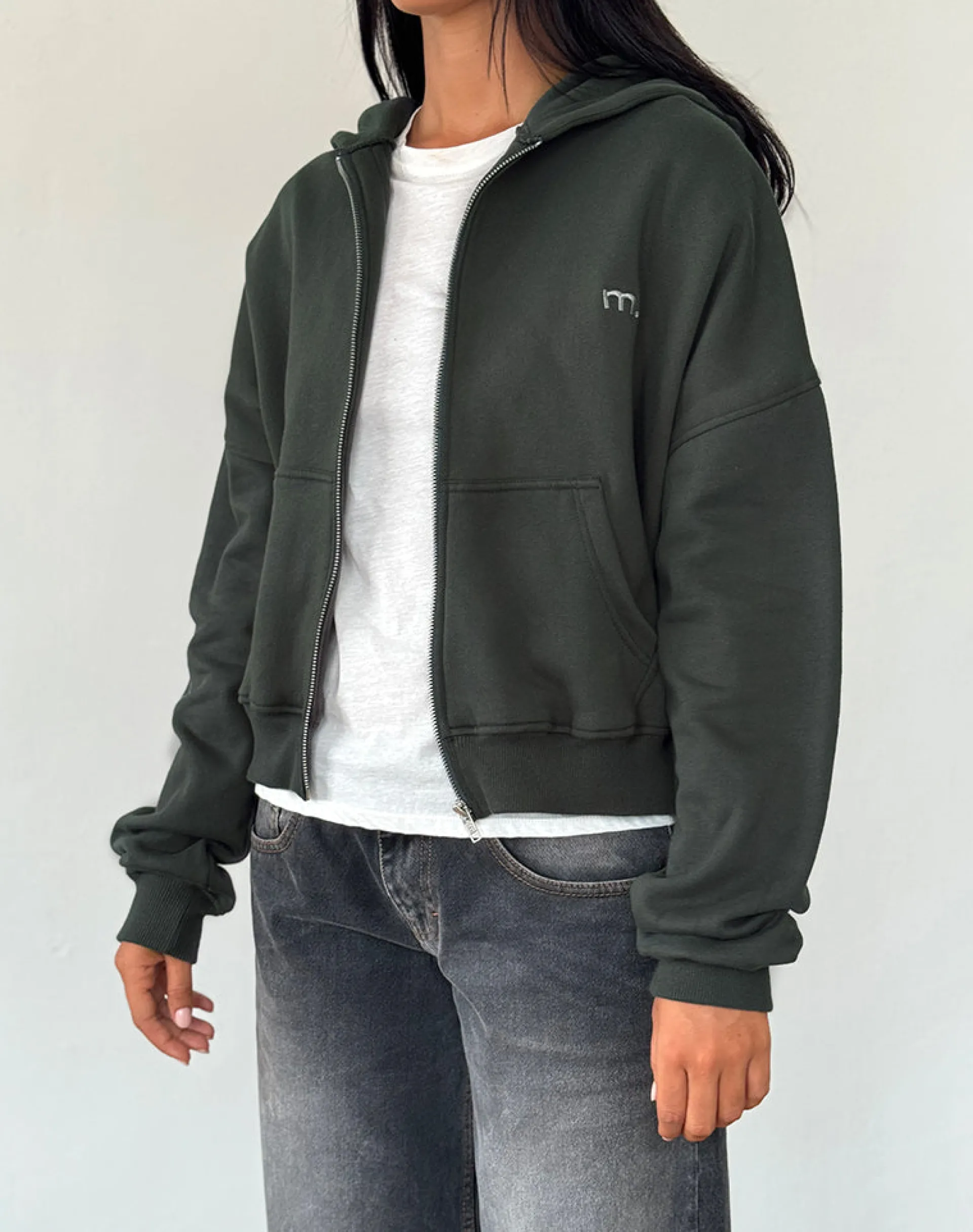 Motel Rocks Hoodies & Sweatshirts | Co-Ords-Zip Through Hoodie in Beluga with Light Grey M Embroidery BelugawithLightGreyMEmbroidery