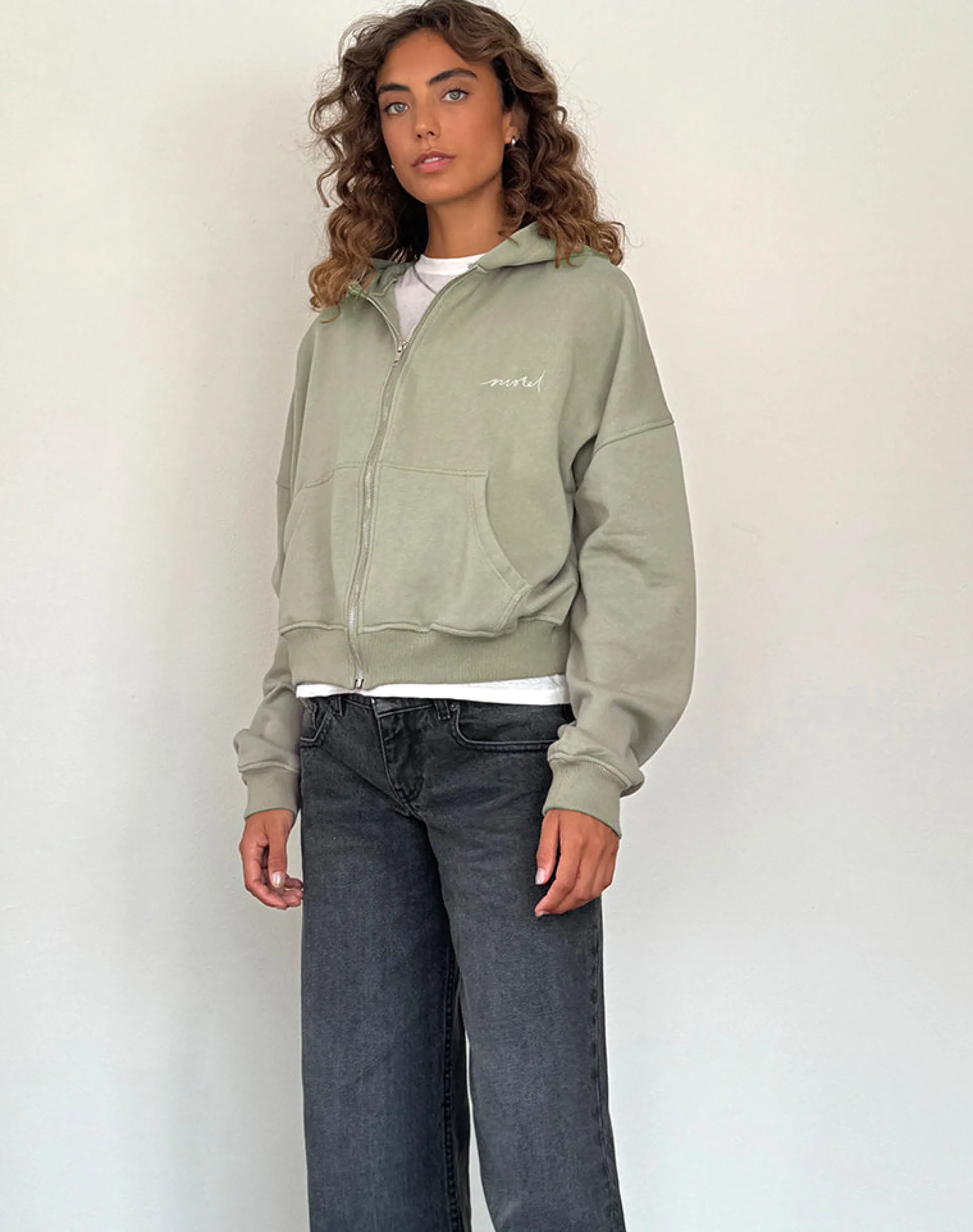 Motel Rocks Hoodies & Sweatshirts | Co-Ords-Zip Up Jumper in London Fog with 'MOTEL' Ivory Embroidery LondonFogwith'MOTEL'IvoryEmbroidery