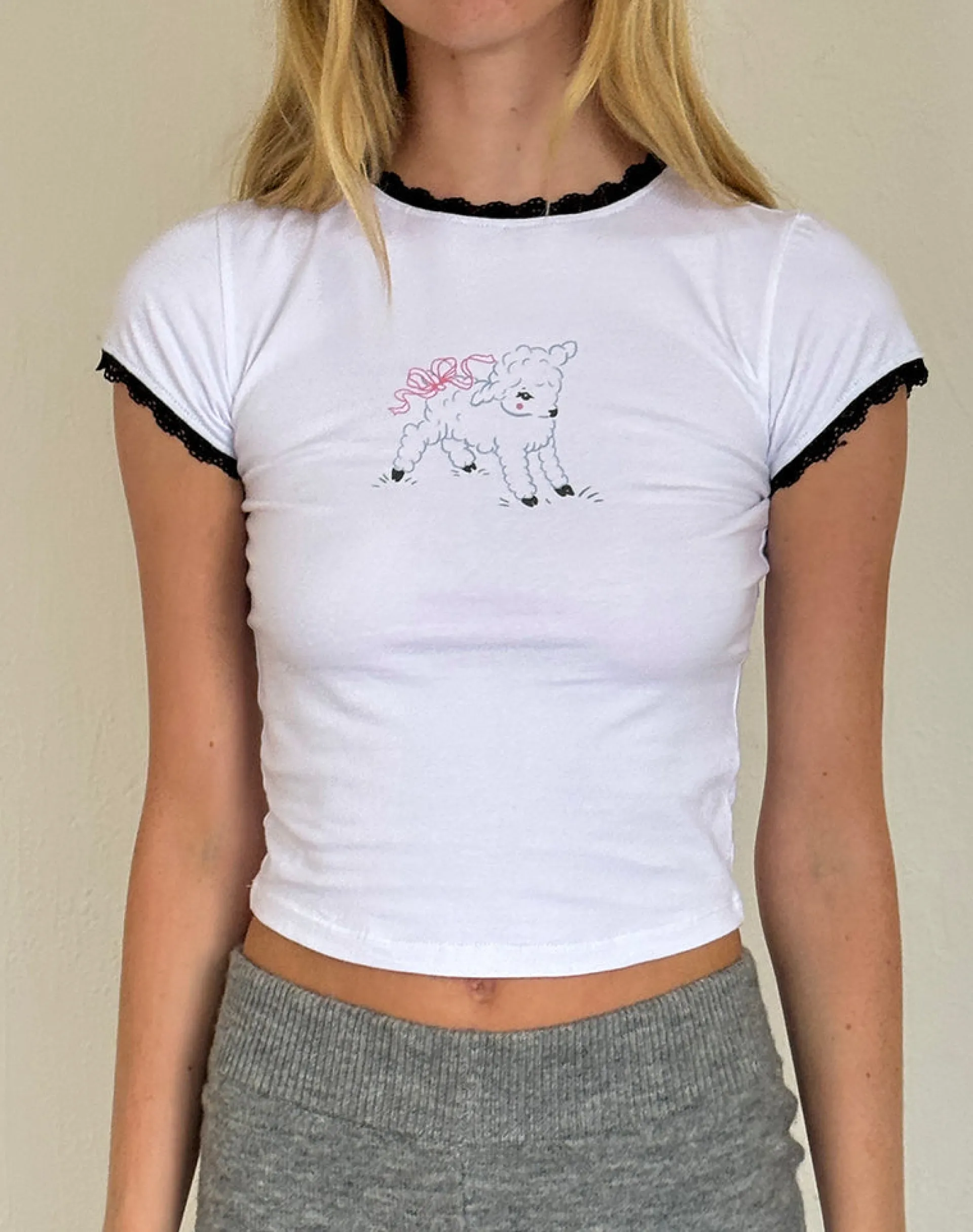 Motel Rocks Basic Tops | Printed Tops-Zyzy Baby Tee in White with Sheep Print WhitewithSheepPrint