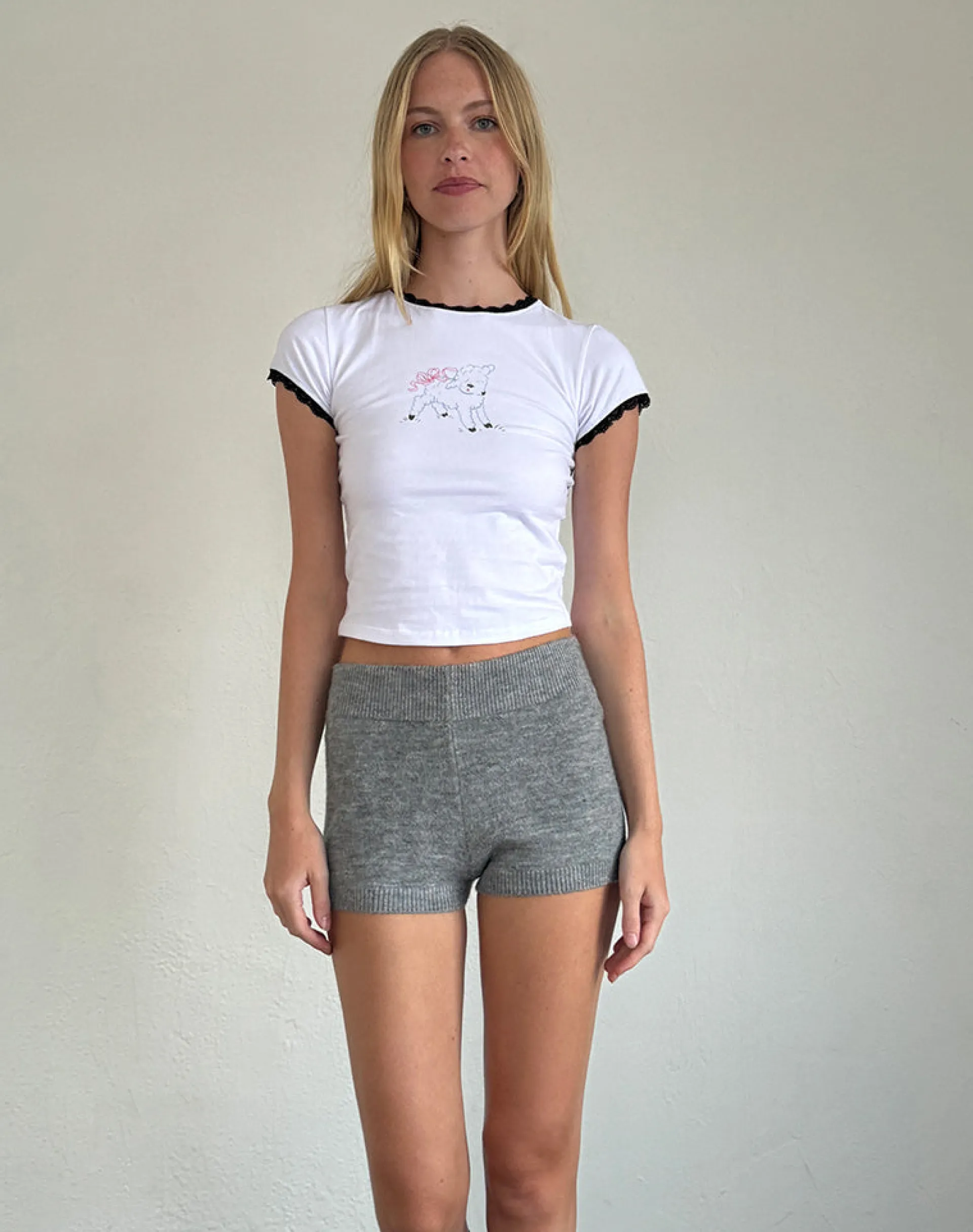 Motel Rocks Basic Tops | Printed Tops-Zyzy Baby Tee in White with Sheep Print WhitewithSheepPrint